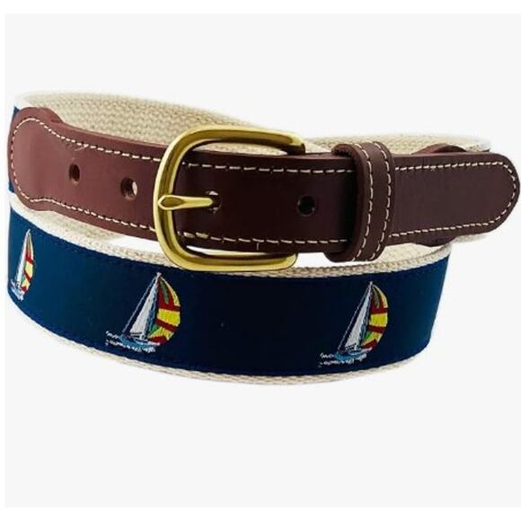 Leather Man Ltd Spinnaker Belt Size 42 Sailboats Leather Canvas Cotton USA Made - Picture 1 of 5